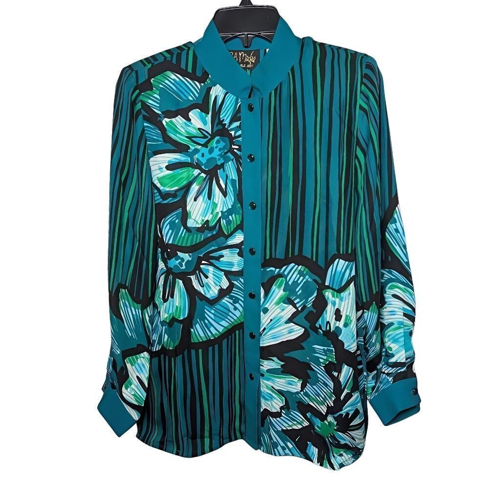 Bob Mackie Wearable Art Teal Blue Green Silk Floral Striped Button-Up Blouse XS